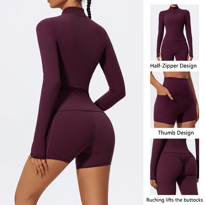 Hearuisavy Summer Half Zipper Yoga Suit Outdoor Workout Clothing Gym Set Women Flared Pants 2Pcs Sports Long Sleeves Shirt Suit