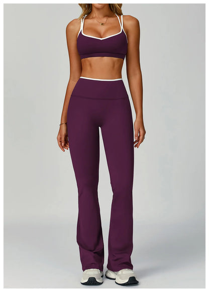 2PCS Workout Clothes Wide Leg Pant Yoga Suits Solid Color Bra Sports Set Gym Tracksuits Female Quick Dry Fitness Suit Sports Set