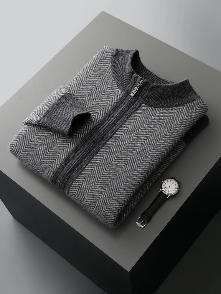 Autumn Winter 100% Merino Wool Knitted Zipper Cardigan Men's Half High Collar Herringbone Pattern Thick Coat Casual Warm Jacket