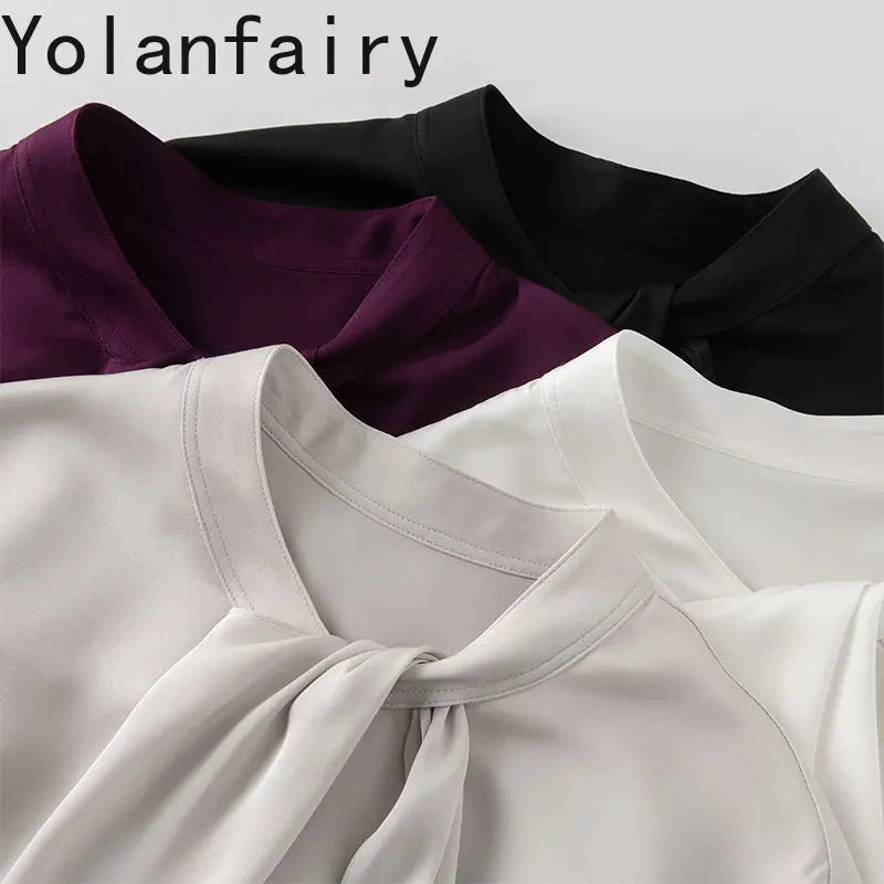 YOLANFAIRY 93% Real Mulberry Silk Shirts for Women Spring 2026 Elegant Solid Long Sleeve Shirt Woman Top Ribbon OL Blouses Trend