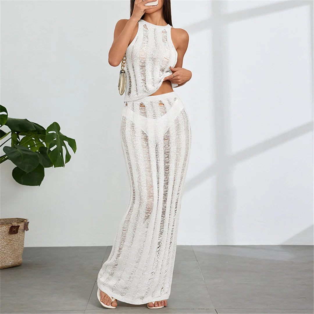 New Sleeveless Crochet Knitted 2 Pieces Suits Tunic Beach Cover Up Cover-ups Beach Dress Beach Wear Beachwear Female Women V6717