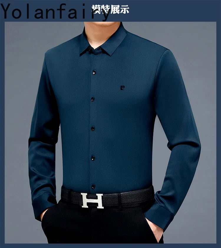 YOLANFAIRY 100% Mulberry Silk Long Sleeve Shirt Man Spring Autumn Casual Silk Mens Shirts Warm Male White Shirt chemises hommes