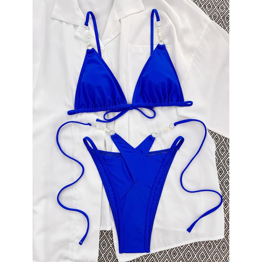 Sexy Halter Pearls Strappy Bikini Female Swimsuit Women Swimwear Two-pieces Bikini set High Cut Bather Bathing Suit Swim V5473