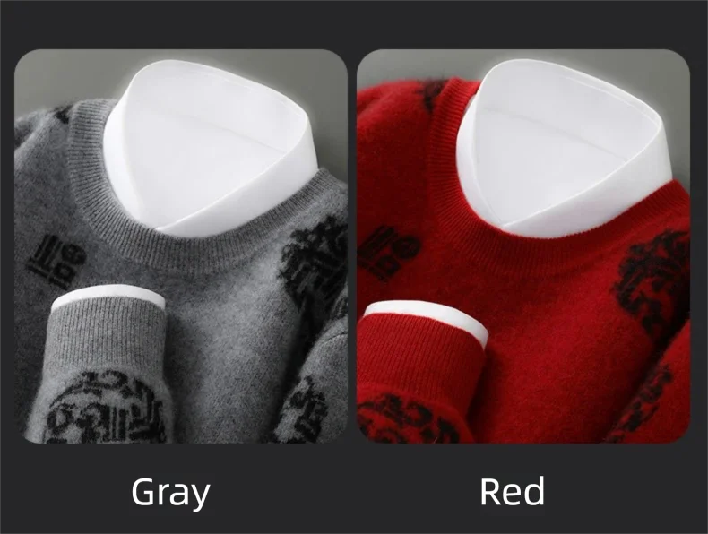 Men's 100% Pure Wool Sweater O-Neck Loose Pullover Autumn/Winter New Embroidery Business Casual Cashmere Tops Knit Bottom Shirt