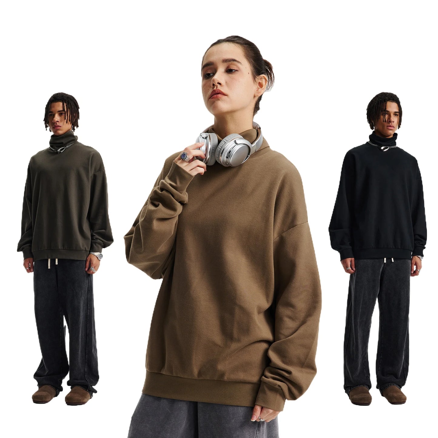 Custom LOGO Men's 305G Spring  Autumn New Cotton Polyester Turtleneck Casual Warm  High Elastic Couple Long Sleeve T-Shirt