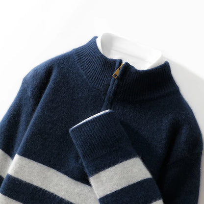 Men's 100% Merino Wool Sweater Half-high Collar Half Zip Thick Pullover Autumn Winter Cashmere Stripe Knitwear Long Sleeved Tops