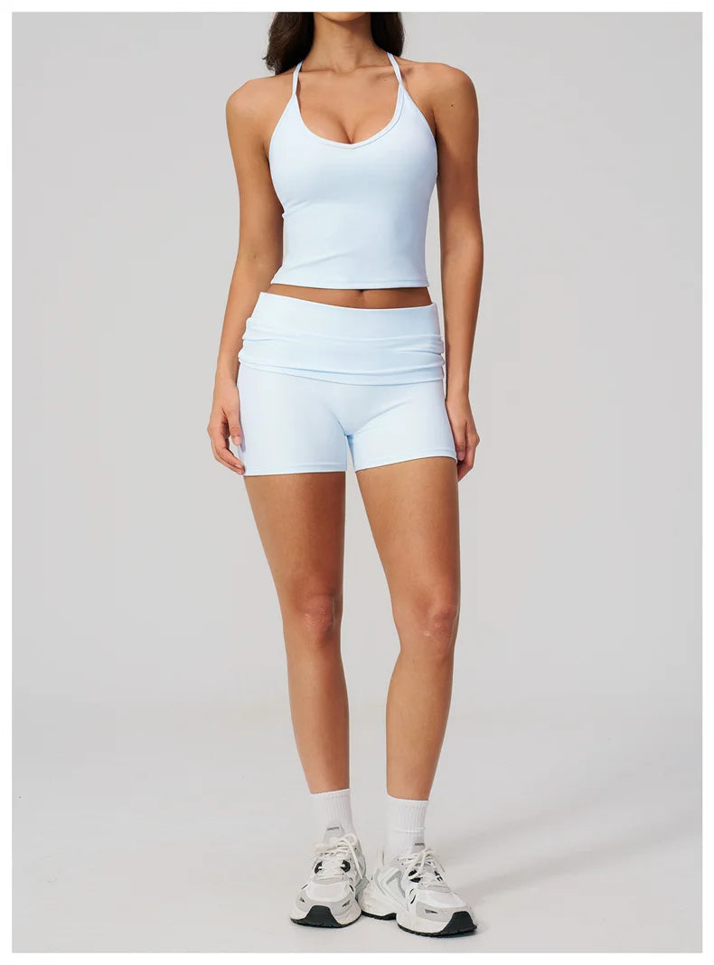 TRY TO BN Two Pieces Women's Tracksuit Vest Sling Top Set Fold-over Waist Yoga Shorts Hip Lifting Running Fitness Gym Activewear