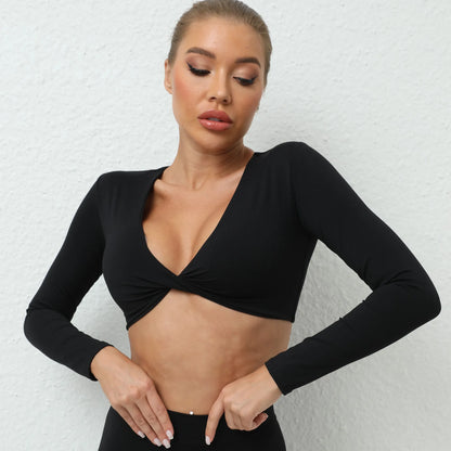 Sexy Creased Long Sleeve Crop Top Women Yoga Clothing Quick Dry Gym Long Sleeved Shirt Women Clothes Running Workout Sportswear
