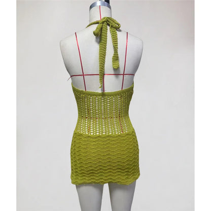 S - XL Halter V Neck Backless Crochet Knitted Tunic Beach Cover Up Cover-ups Beach Dress Beach Wear Beachwear Female Women V8238