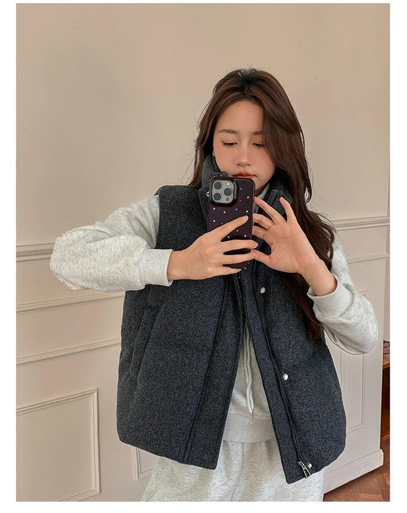 Short Down cotton Vest Women's 2025 Korean Fashion New Stand-up Sleeveless Zipper Student Vest Jacket Black Gray Waistcoat Tide