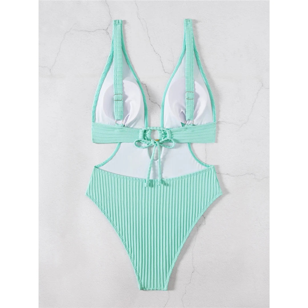 Sexy 8 Colors Deep V Neck Cut Out One Piece Swimsuit Women Swimwear Female High Leg Cut Monokini Bather Bathing Suit Swim V7177