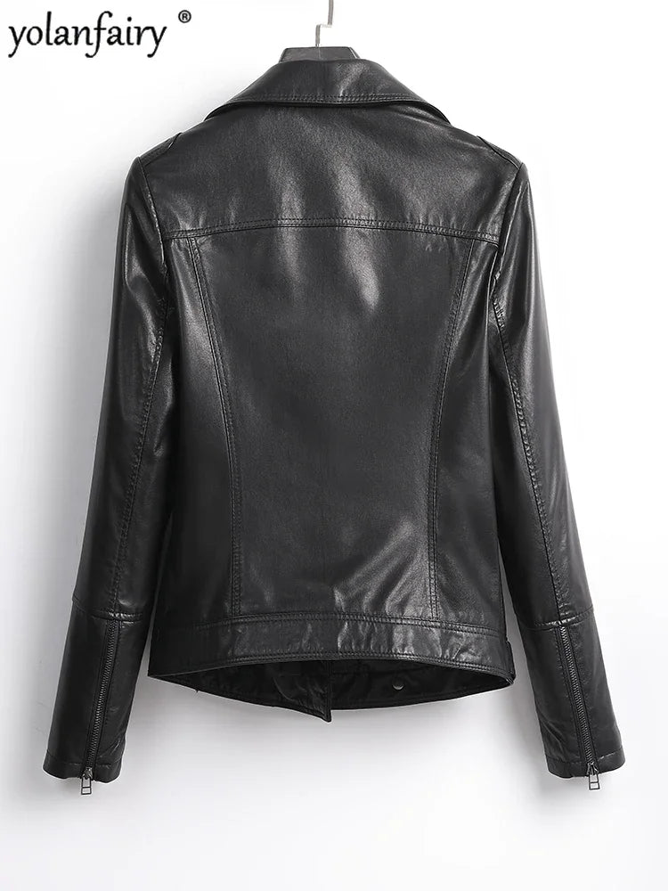 Women's Jacket Spring 2022 100% Sheepskin Jacket Woman Genuine Leather Women's Coat Black Motorcycle Jackets Chaquetas Xhl368