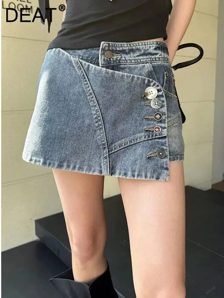 DEAT Fashion High Waist Button Detailed Washed Denim Mini Skirt Women's Wrap Design Streetwear Summer Bottoms New 7A4204