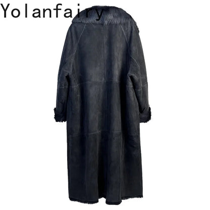 YOLANFAIRY Real Goatskin Leather Fur Coats for Women Winter High-end Natural Fur Coat Lazy Style Long Leather Jacket Luxury Wear
