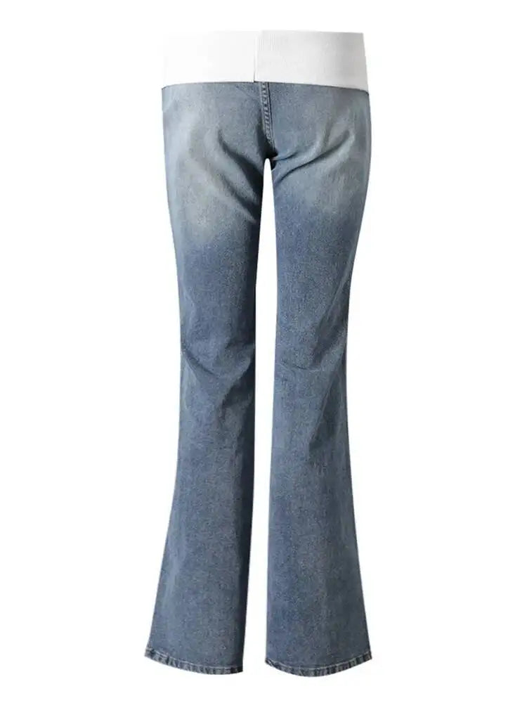 DEAT Fashion Fold Over Waist Flare Jeans Women's Low Waist Slim Light Blue Denim Pants Summer New