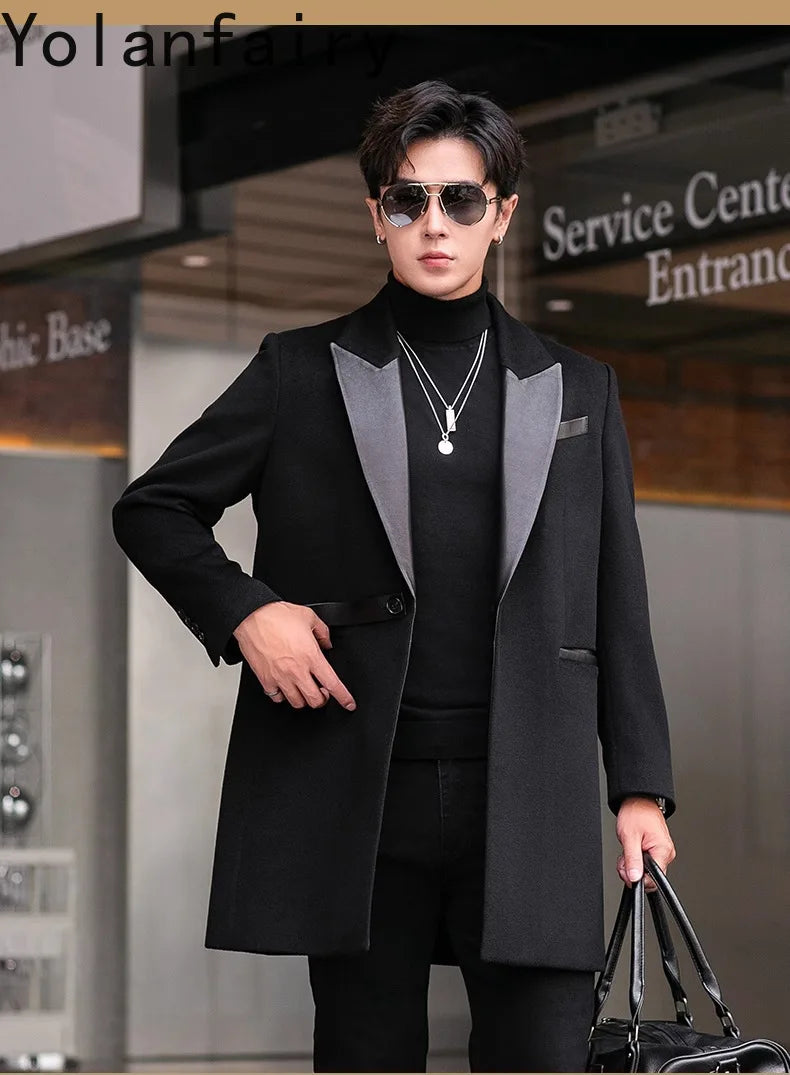 YOLANFAIRY 2025 Autumn Genuine Sheepskin Patchwork Wool Coat Man Clothing Men's Mid-length Suit Windbreaker Trendy Woolen Jacket