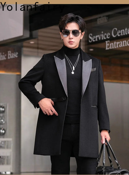 YOLANFAIRY 2025 Autumn Genuine Sheepskin Patchwork Wool Coat Man Clothing Men's Mid-length Suit Windbreaker Trendy Woolen Jacket