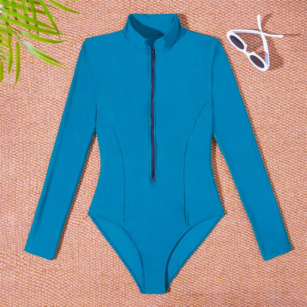 S - 2XL 4 Colors Long Sleeve With Zipper Surf Rash Guard One Piece Swimsuit Women Swimwear Female Bather Bathing Suit Swim V6266