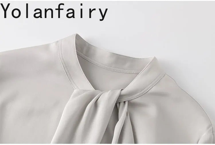 YOLANFAIRY 93% Real Mulberry Silk Shirts for Women Spring 2026 Elegant Solid Long Sleeve Shirt Woman Top Ribbon OL Blouses Trend