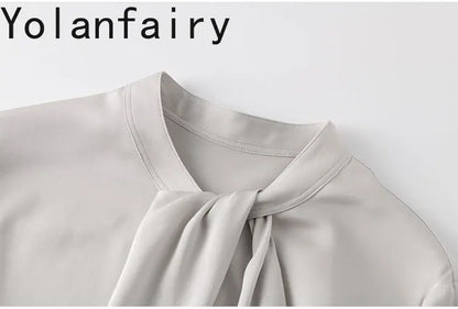 YOLANFAIRY 93% Real Mulberry Silk Shirts for Women Spring 2026 Elegant Solid Long Sleeve Shirt Woman Top Ribbon OL Blouses Trend