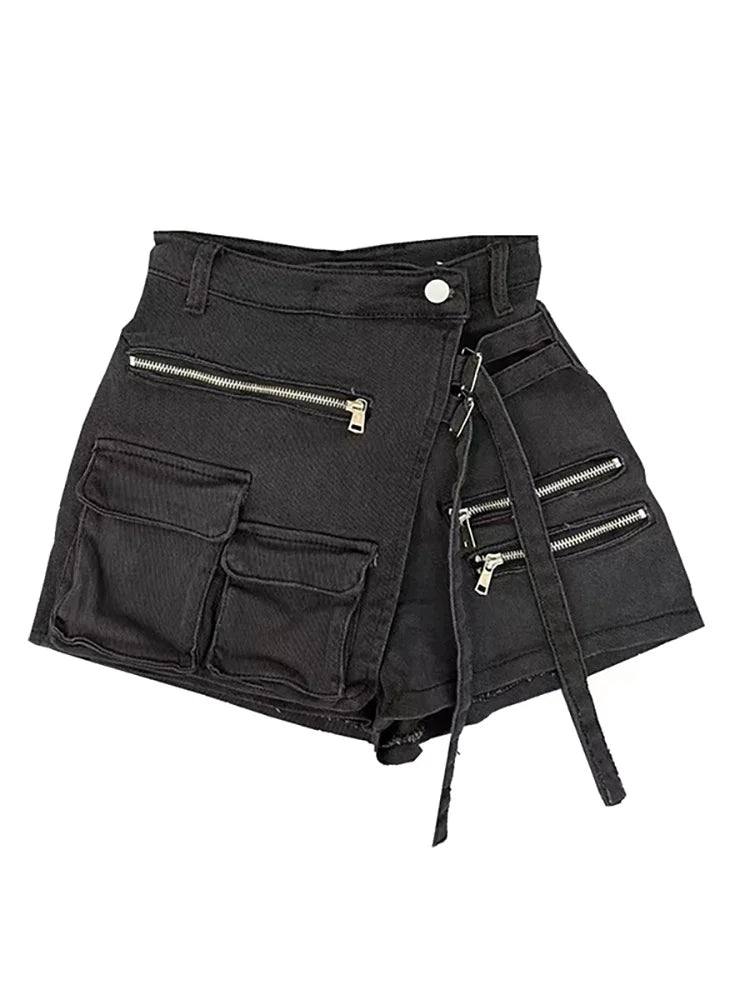 DEAT Fashion Women's Denim Shorts High Waist Zipper Lace Strap Pockets Fake 2 Pcs Green Shorts Skirts Summer 2024 New 17A6200