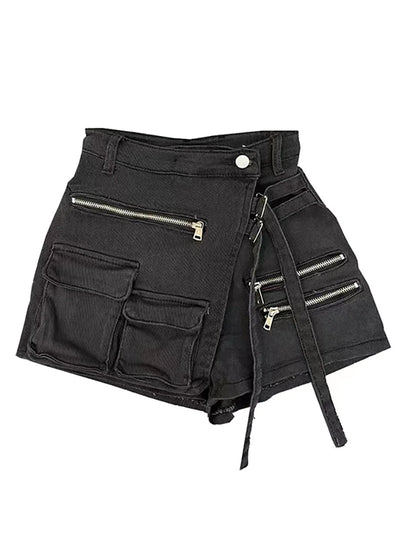 DEAT Fashion Women's Denim Shorts High Waist Zipper Lace Strap Pockets Fake 2 Pcs Green Shorts Skirts Summer 2024 New 17A6200