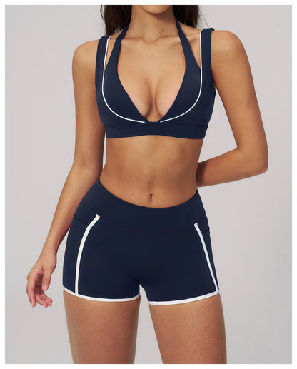Color Contrast Deep-V Sports Bra Women's Gym Fitness Yoga Top Backless Breathable Sports Underwear Female Push Up Workout Top