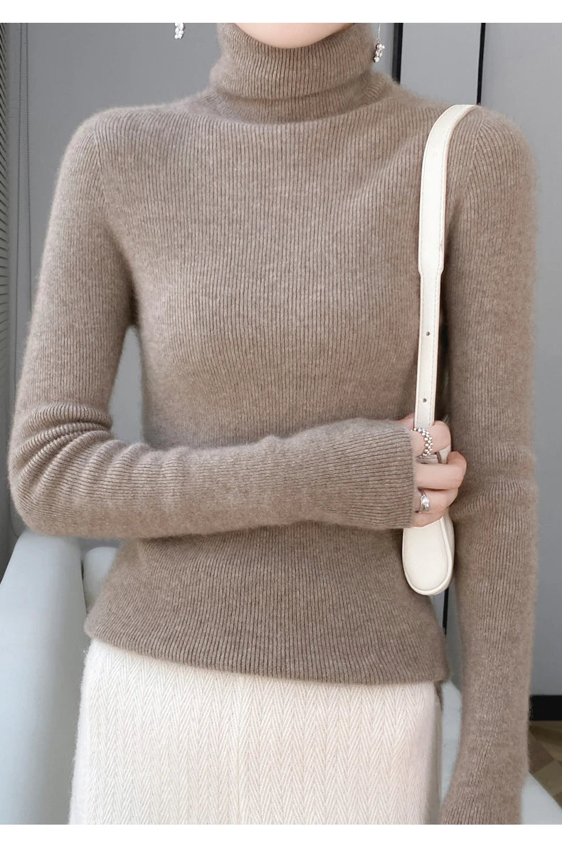 100% Merino Wool Long-sleeved Turtleneck Pullover Women's Autumn Winter Slim Sweater Basic Women's Clothes Cashmere Sweater