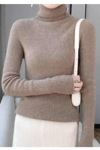 100% Merino Wool Long-sleeved Turtleneck Pullover Women's Autumn Winter Slim Sweater Basic Women's Clothes Cashmere Sweater