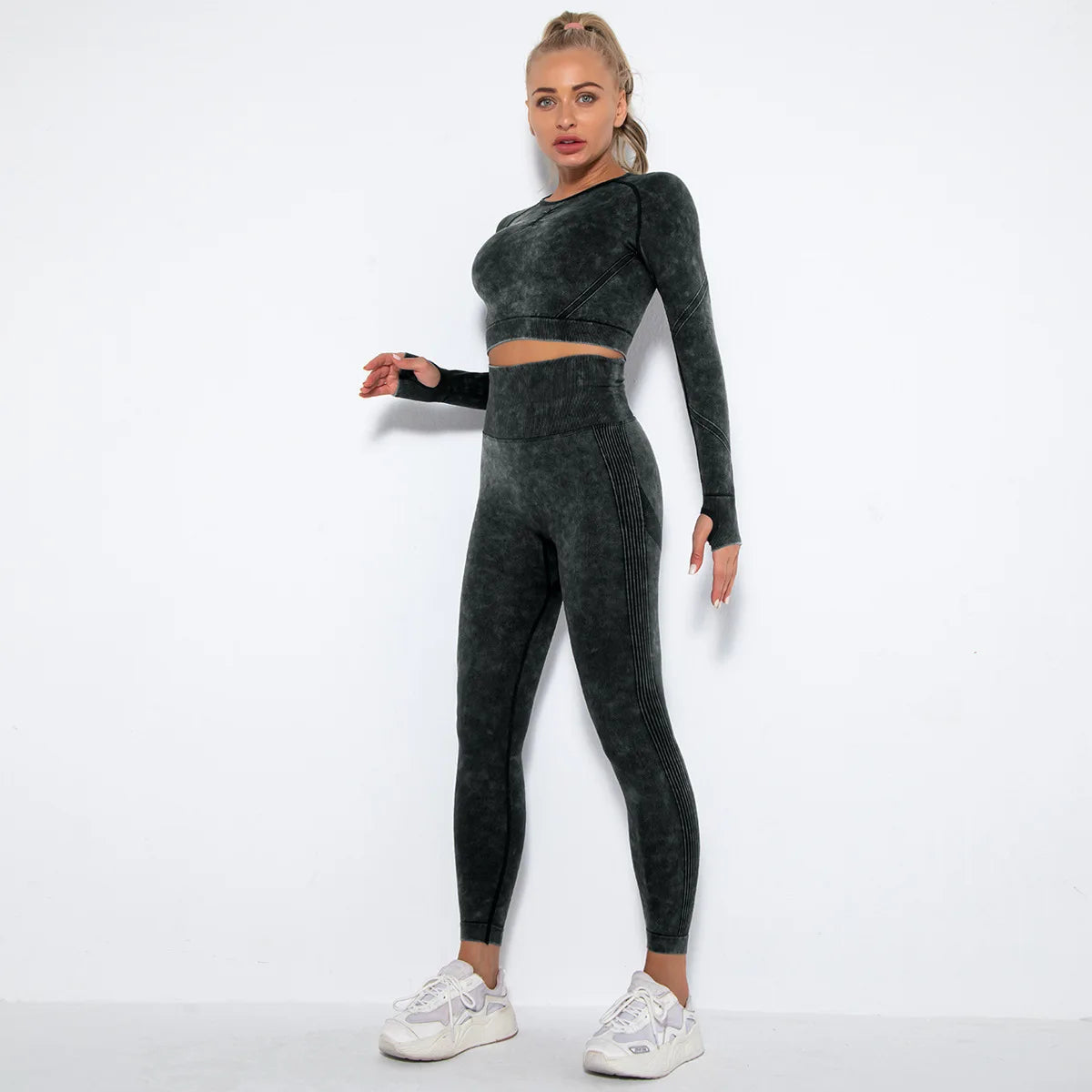 Women Seamless Tracksuit Yoga Set 2PCS Workout Clothes Athletic Wear Gym Legging Fitness Bra Crop Top Long Sleeve Sports Suits