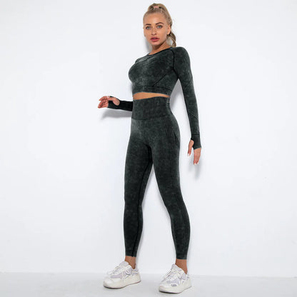 Women Seamless Tracksuit Yoga Set 2PCS Workout Clothes Athletic Wear Gym Legging Fitness Bra Crop Top Long Sleeve Sports Suits