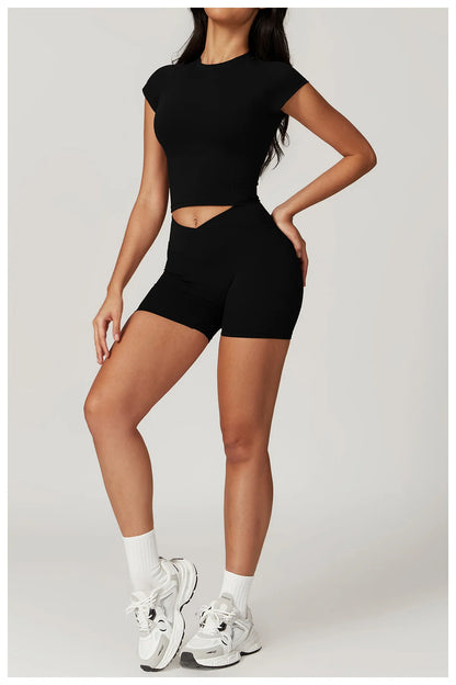 2 Pieces Yoga Set Gym Clothes Sportswear Yoga Suits For Women Fitness Short Sleeve Crop Top Tracksuits Sports Bra Gym Leggings