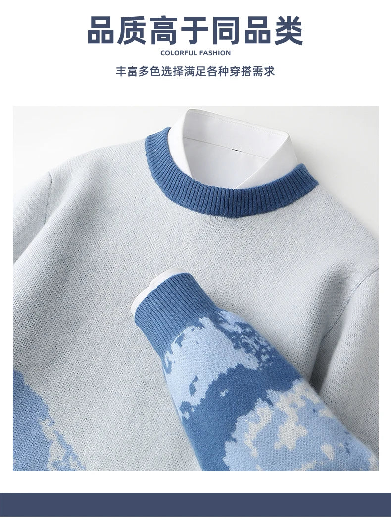 Autumn/Winter New 100% Merino Wool Knit Sweater Men's O-Neck Color Block Cashmere Pullover Business Casual Thick Long-Sleeved