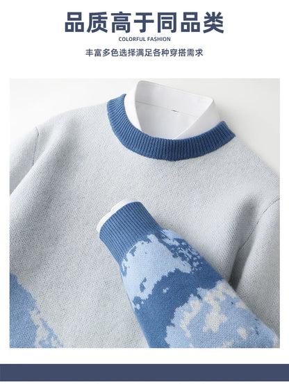 Autumn/Winter New 100% Merino Wool Knit Sweater Men's O-Neck Color Block Cashmere Pullover Business Casual Thick Long-Sleeved