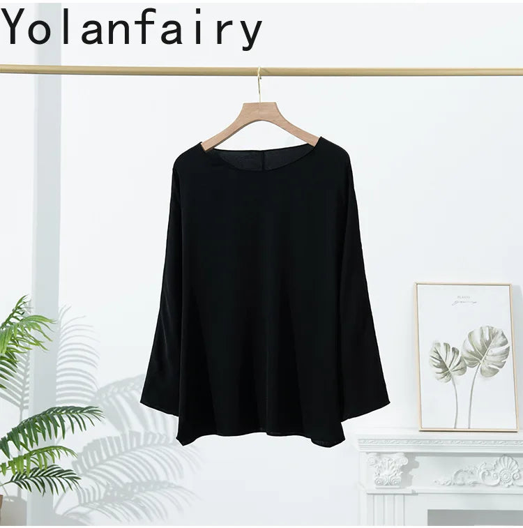 YOLANFAIRY 23MM 93% Real Mulberry Silk T Shirts for Women Summer O-neck Blouse Woman Elegant Shirt Loose OL Tops and Blouses