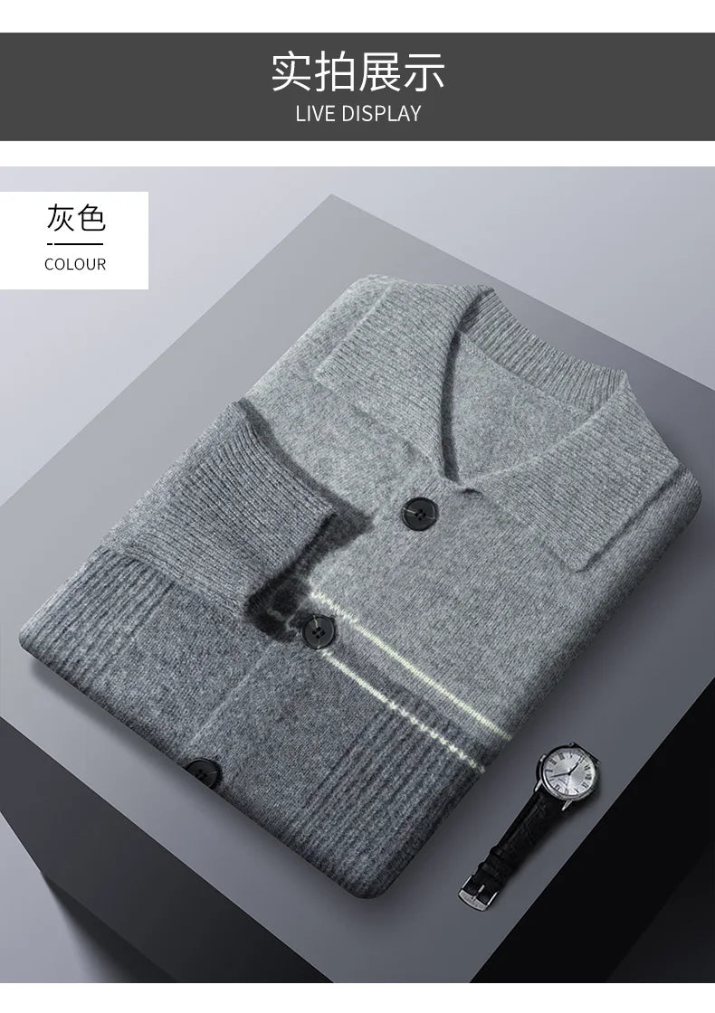 100% Merino Wool Men's Lapel Collar Knit Cardigan Coat 2025 Spring/ Autumn New POLO Neck Business Casual Cashmere Jacket Sweater