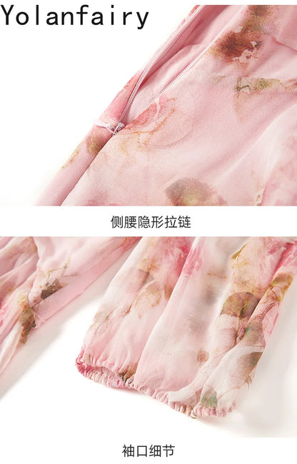 YOLANFAIRY 100% Real Silk Floral Dresses Woman Summer Clothes Elegant Mulberry Silk Pink Dress Romantic Women's Birthday Dress