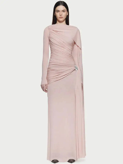 DEAT Fashion Brown Asymmetric Pleated Minimalist Dress Women's Round Neck Slim Fit Long Sleeves Ankle-length Dresses New