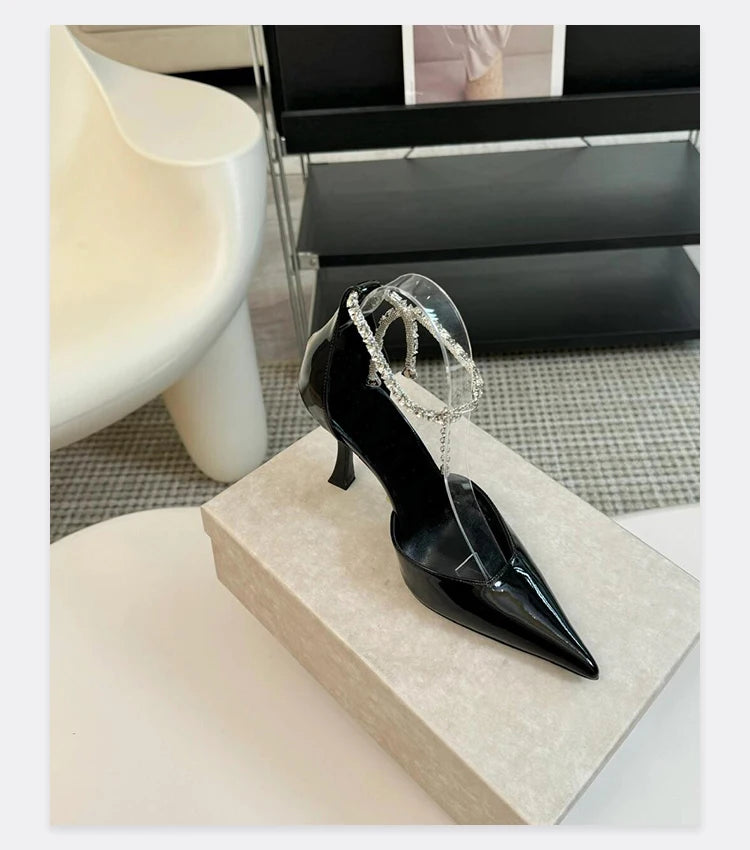 2025 Spring/Summer New Sexy and Versatile Hollow Pointed Shallow Mouth Fine Heel Chain Diamond High Heel Sandals for Women