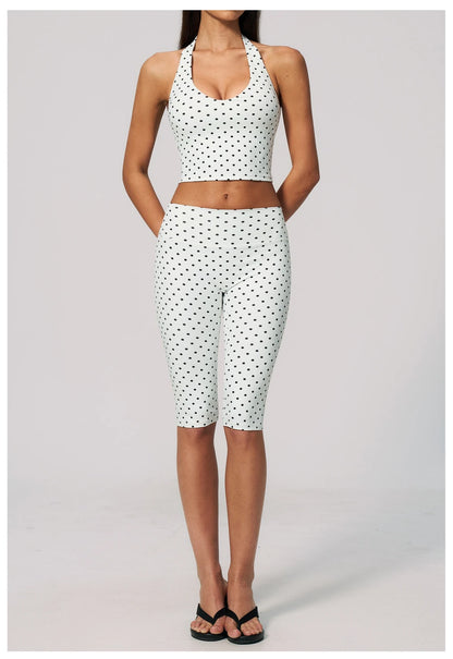 Custom LOGO women's new yoga clothes polka dot printing deep V high elastic three-dimensional fitness two-piece set