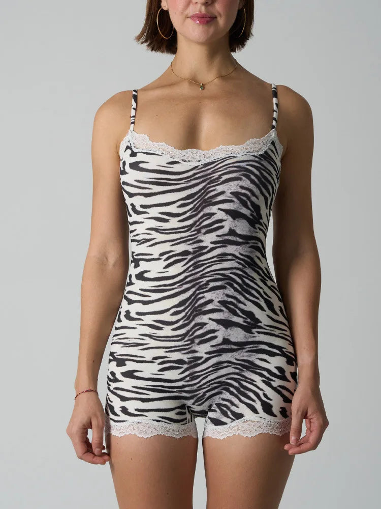 Custom LOGO women's European and American leopard print onesie lace suspender knitted boxer jumpsuit