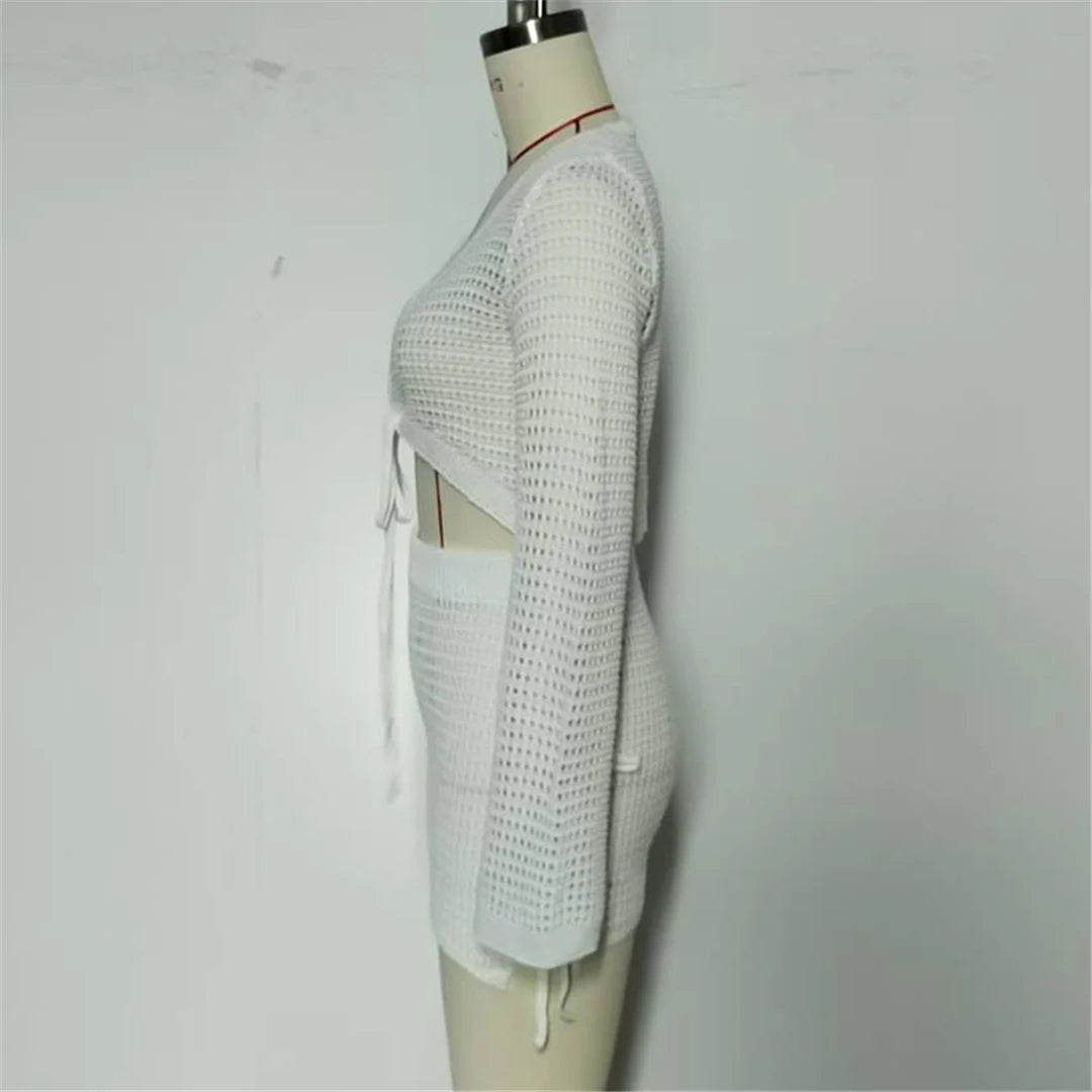 V Neck Long Sleeve Crochet Knitted 2 Pieces Suits Beach Cover Up Cover-ups Beach Dress Beach Wear Beachwear Female Women V6490