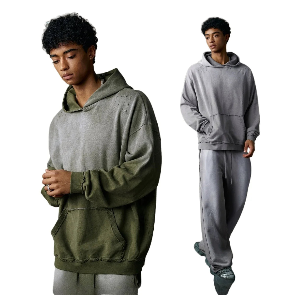 Custom LOGO men's 2025 autumn 370G heavy 100% cotton gradual change hole hooded sweater straight trousers set
