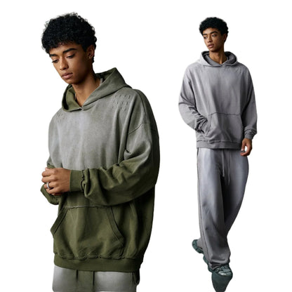 Custom LOGO men's 2025 autumn 370G heavy 100% cotton gradual change hole hooded sweater straight trousers set