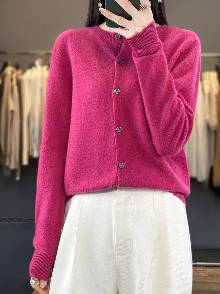 100% Merino Wool Sweater Women O-Neck Cardigan Basic Style  Buttoned Knitwear Female Casual Autumn Winter Soft Tops