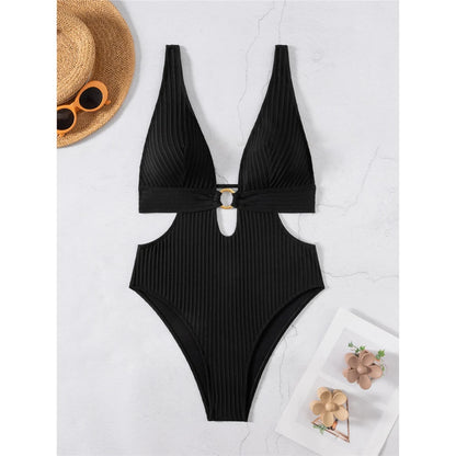 Sexy 8 Colors Deep V Neck Cut Out One Piece Swimsuit Women Swimwear Female High Leg Cut Monokini Bather Bathing Suit Swim V7177
