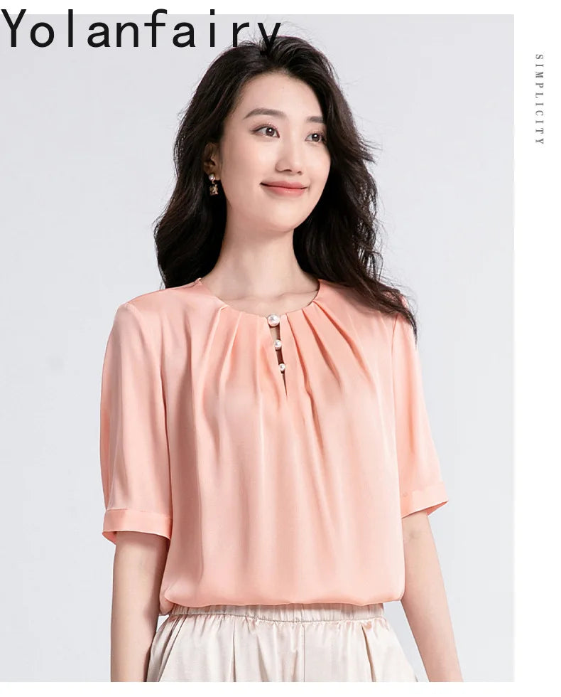 YOLANFAIRY 100% Natural Mulberry Silk T Shirts Woman Clothing 2026 Summer Loose Fashion T Shirt Elegant Womens Tops Short Sleeve