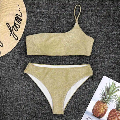 Shiny Glitter Sparkling High Waist Bikini Female Swimsuit Women Swimwear Two-pieces Bikini set One Shoulder Bathing Suit V1264