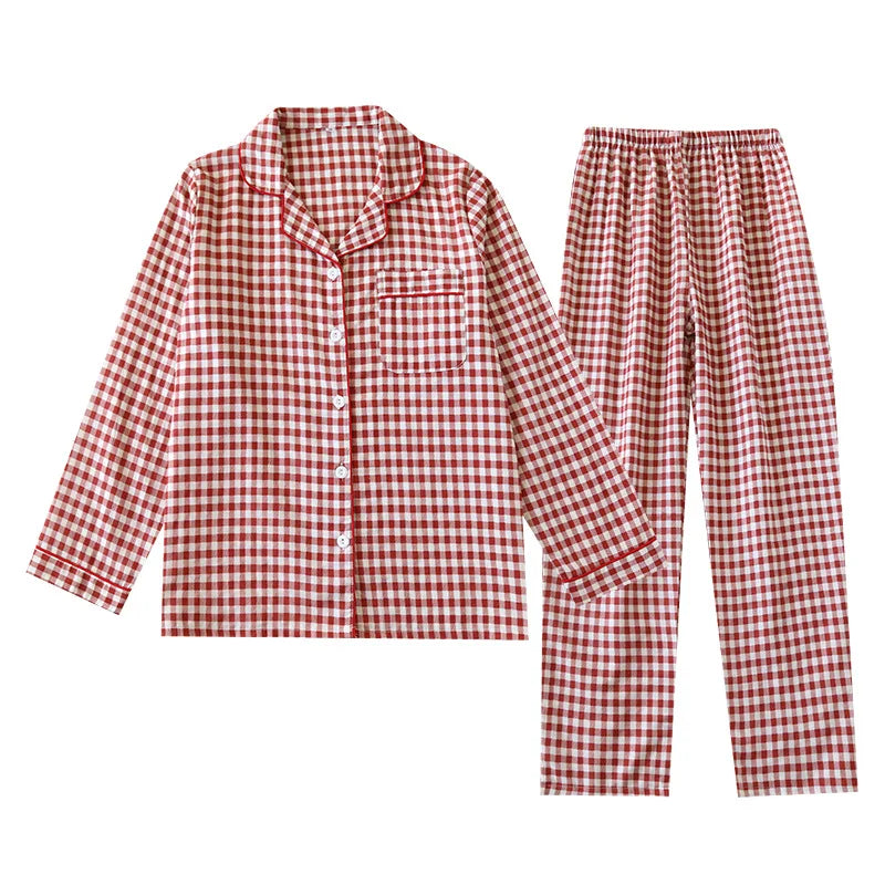 2026 Spring/Summer Couple Pajama Set 100% Cotton Double Layer Gauze Men's and Women's Japanese Plaid Set Long sleeved Home Fury