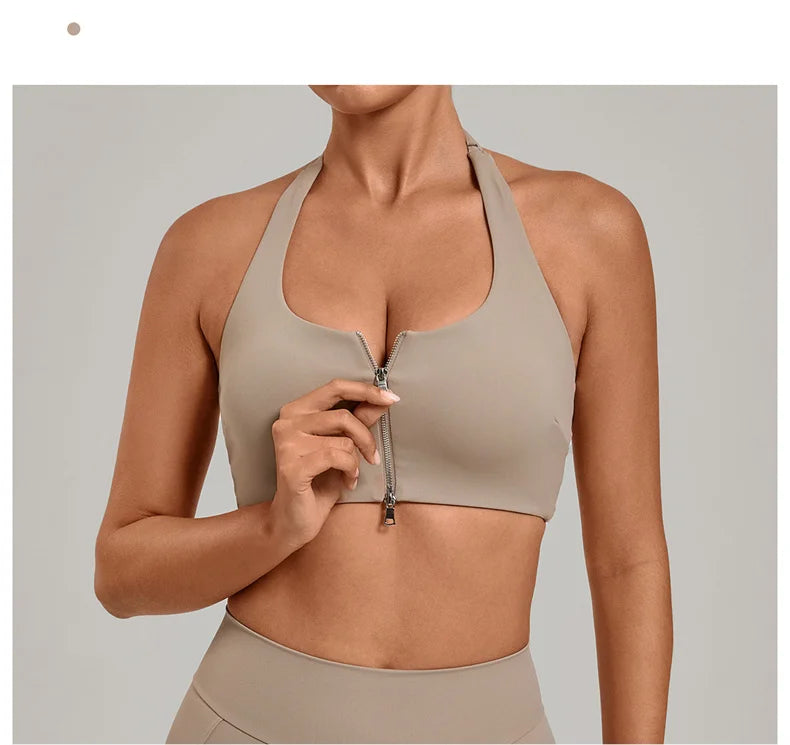 TRY TO BN Yoga Sports Bra Women's Zipper Halter Neck Naked Feeling Backless Underwear Fitness Tops Workout Running Gym Clothing
